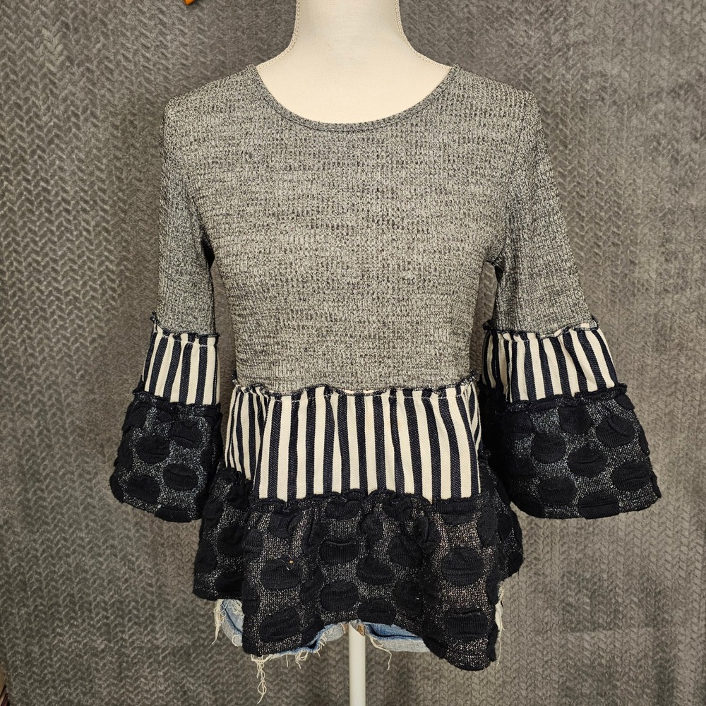 THML Mixed Media Striped Polka Dot Bell Sleeve Peplum Top Grey Navy XS JH1006-N